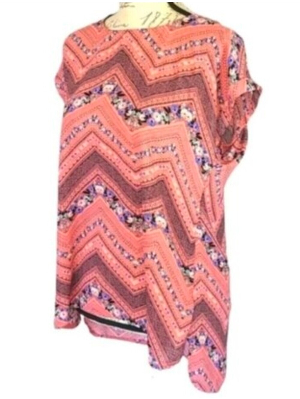Y2K Retro Pink Blouse Chevron Mixed Print Top Wrinkle Resistant Travel Breezy, L